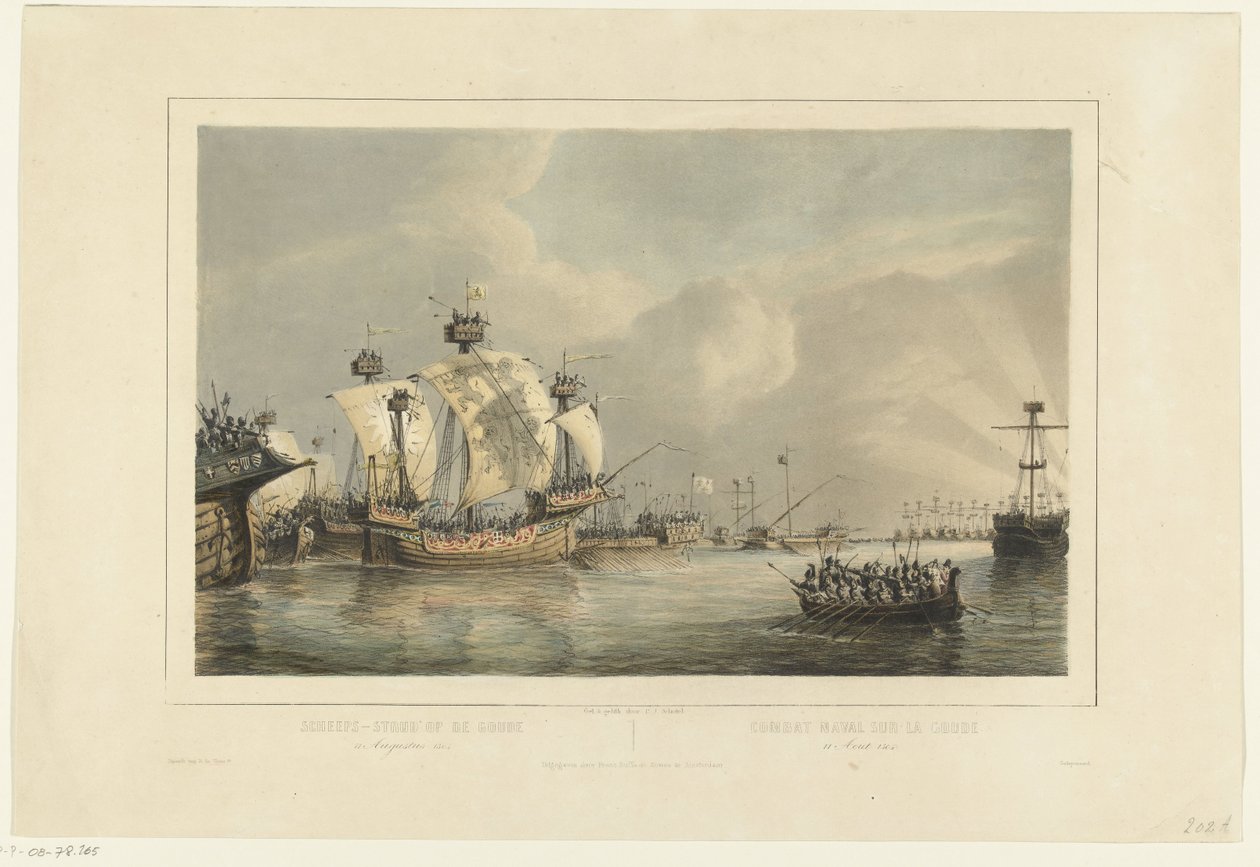 Havkamp på Gouwe, 1304 Scheeps kæmper på Gouwe 11. august 1304 / kamp Naval Sur La Goude 11 Aout 1304 (titel på objekt) af Petrus Johannes Schotel