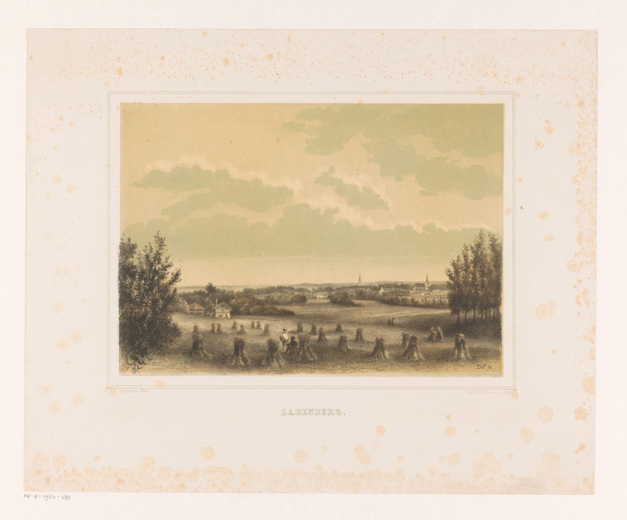 Udsigt over en eng med hvedeskiver ved Larenberg-ejendommen Larenberg (titel på objekt) af Petrus Josephus Lutgers