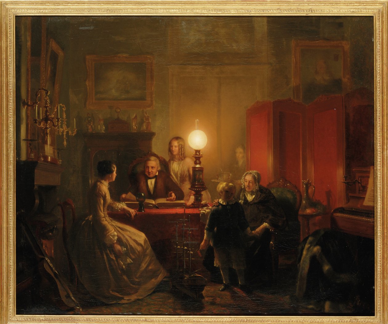 En familie samlet omkring et lampebelyst bord, 1854 af Petrus Kiers