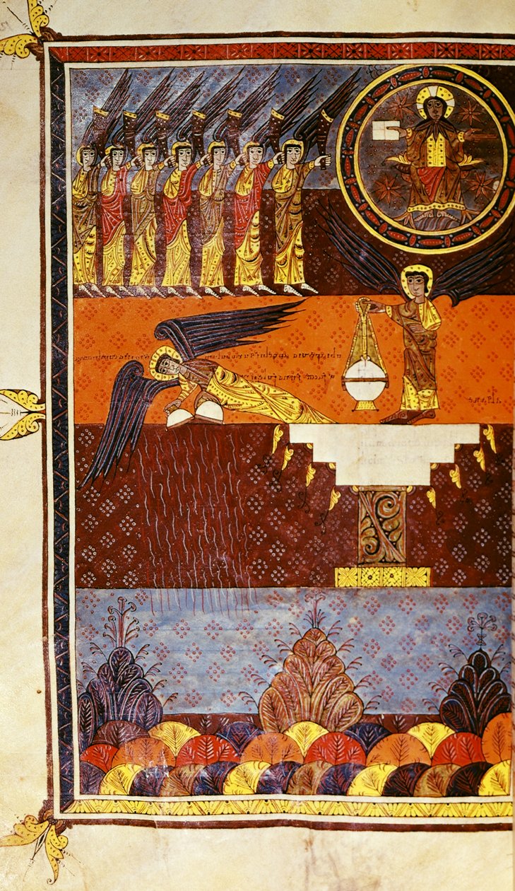 f.126 Syv engle med trompeter, fra Beatus Apocalypse fra Santo Domingo de Silos af Petrus Petrus