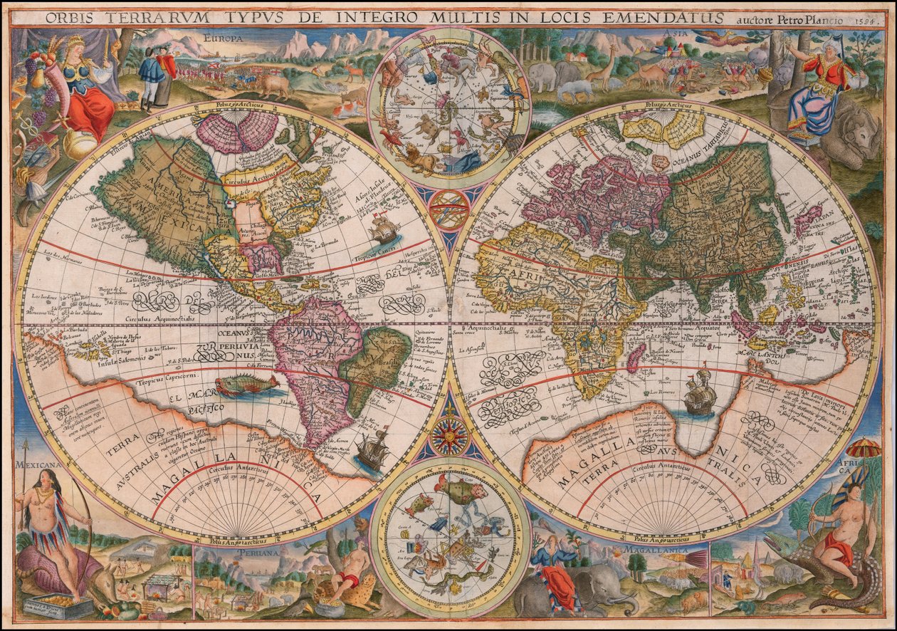 Verdenskort med dobbelt halvkugle fra 1594 af Petrus Plancius af Petrus Plancius