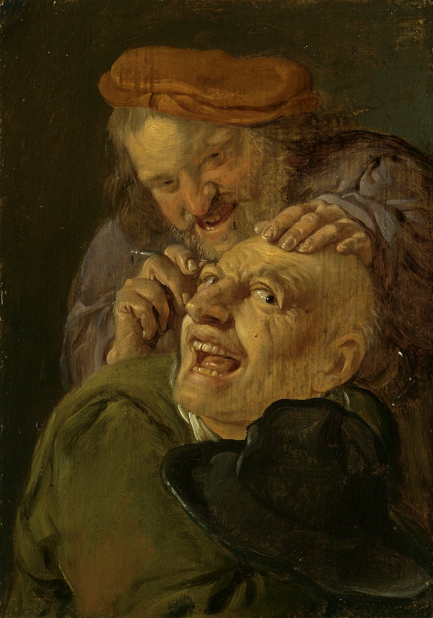 Følelse: En frisør behandler en mand. Fra serien Personifications of the Five Senses, ca. 1635-66 (olie på træ) af Petrus Staverenus