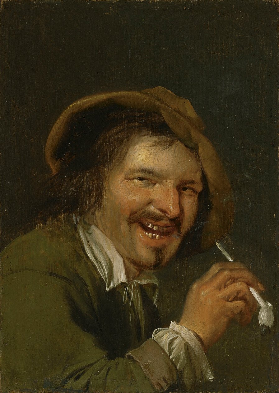 Lugt: En grinende mand, der ryger en pibe. Fra serien Personifications of the Five Senses, ca. 1635-66 (olie på træ) af Petrus Staverenus