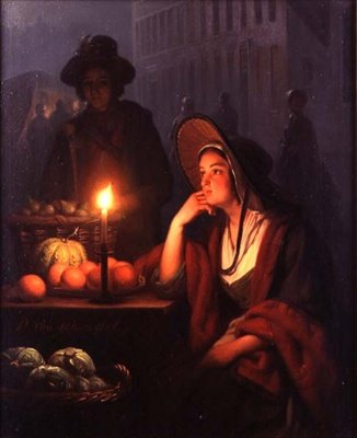 Markedsbod om natten (olie på panel) af Petrus van Schendel