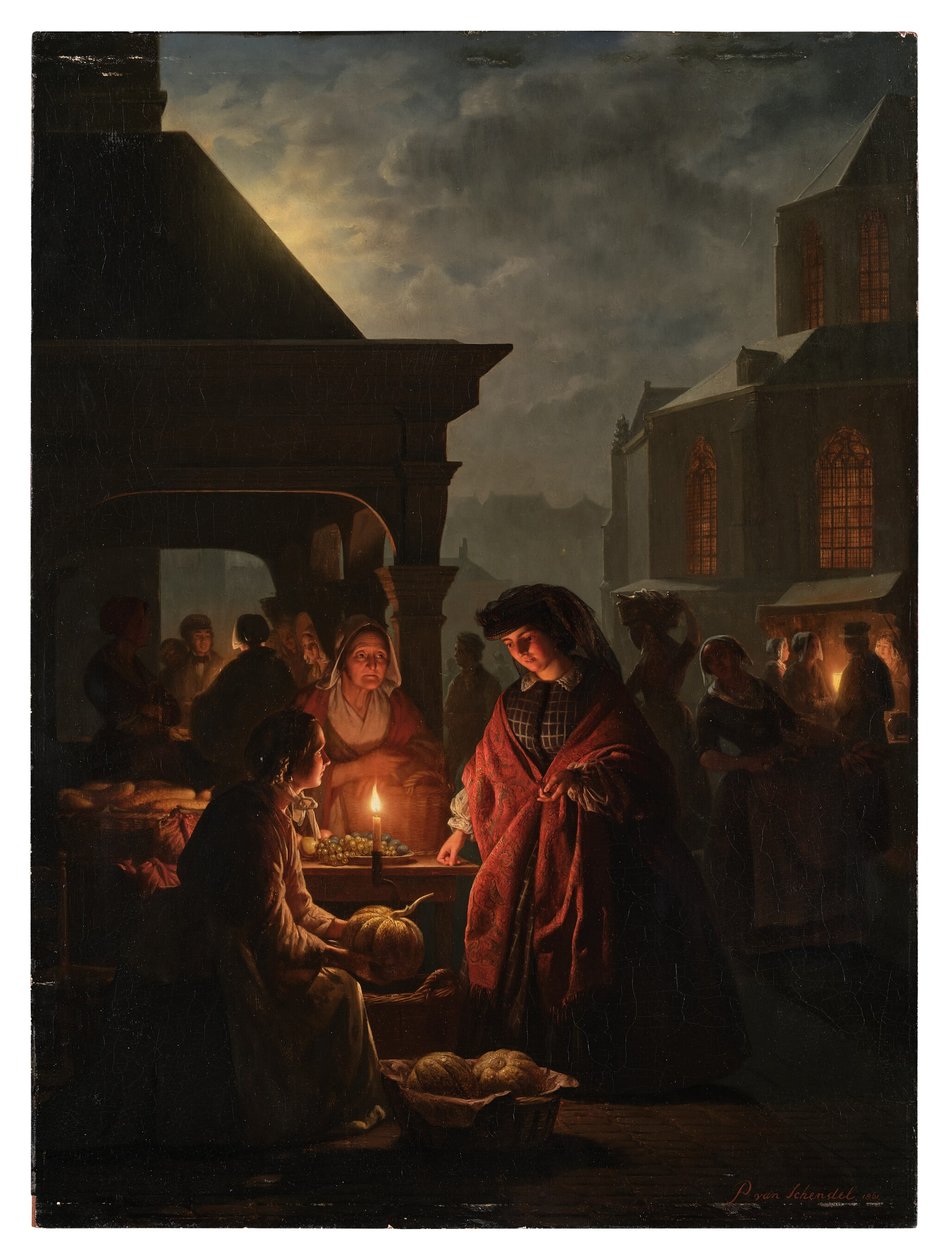 Groenmarkt i Haag om aftenen af Petrus van Schendel