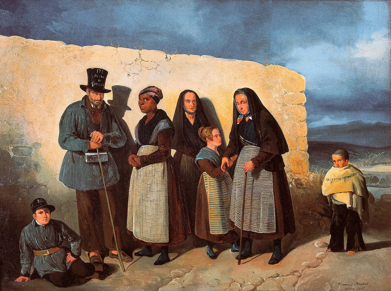 De fattige på San Bernardino (Saint Bernard) hospice i Madrid varmer sig i solen af Pharamond Blanchard