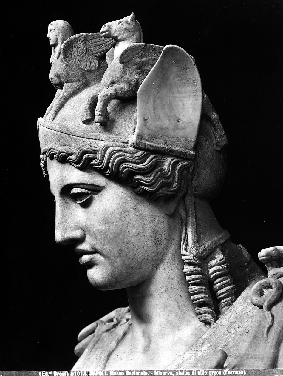Detalje af ansigtet på Athena Farnese, romersk kejserlig kopi af en bronzestatue fra School of Phidias af Phidias (school of) (after)