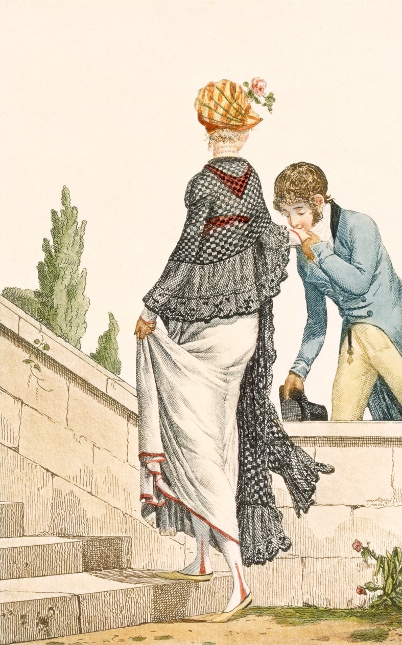 Elegant damekjole med ternet kappe, 1789, illustration fra 