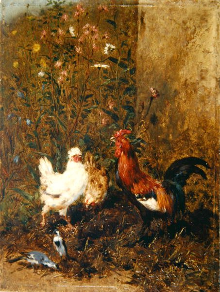 Kyllinger og fugle (olie på panel) af Philibert Leon Couturier