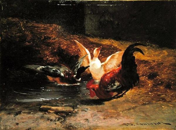 Hane med to ænder (olie på lærred) af Philibert Leon Couturier
