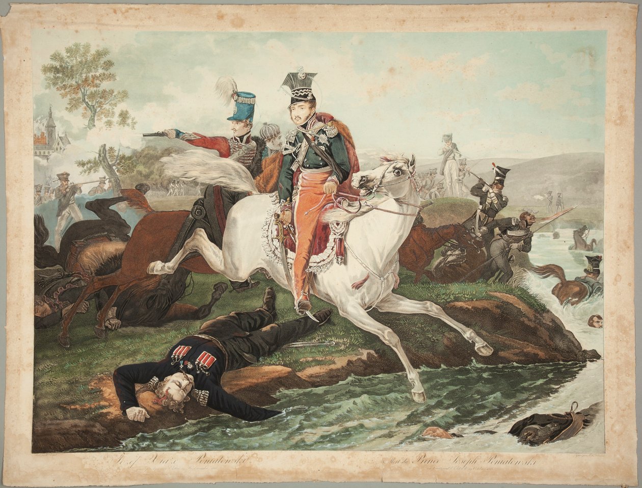 Fyrst Józef Poniatowski dør under krydsningen af Elster den 19. oktober 1813 af Philibert-Louis Debucourt