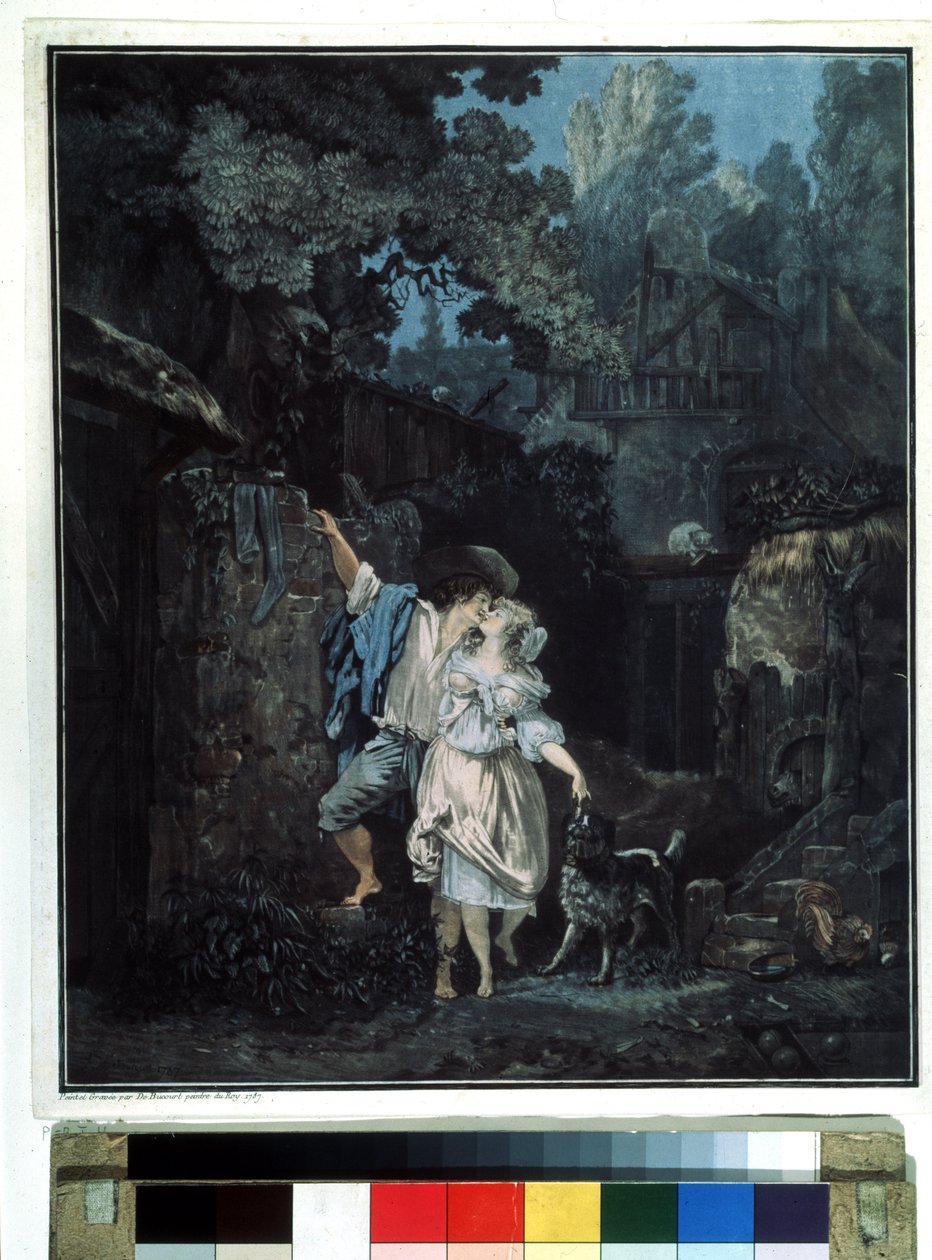 ""Farvel morgen"" (Farvel morgen) Et par tager afsted tidligt om morgenen. Litografi af Philibert Louis Debucourt (1755-1832) 1787 Pushkin Museum Moskva af Philibert Louis Debucourt
