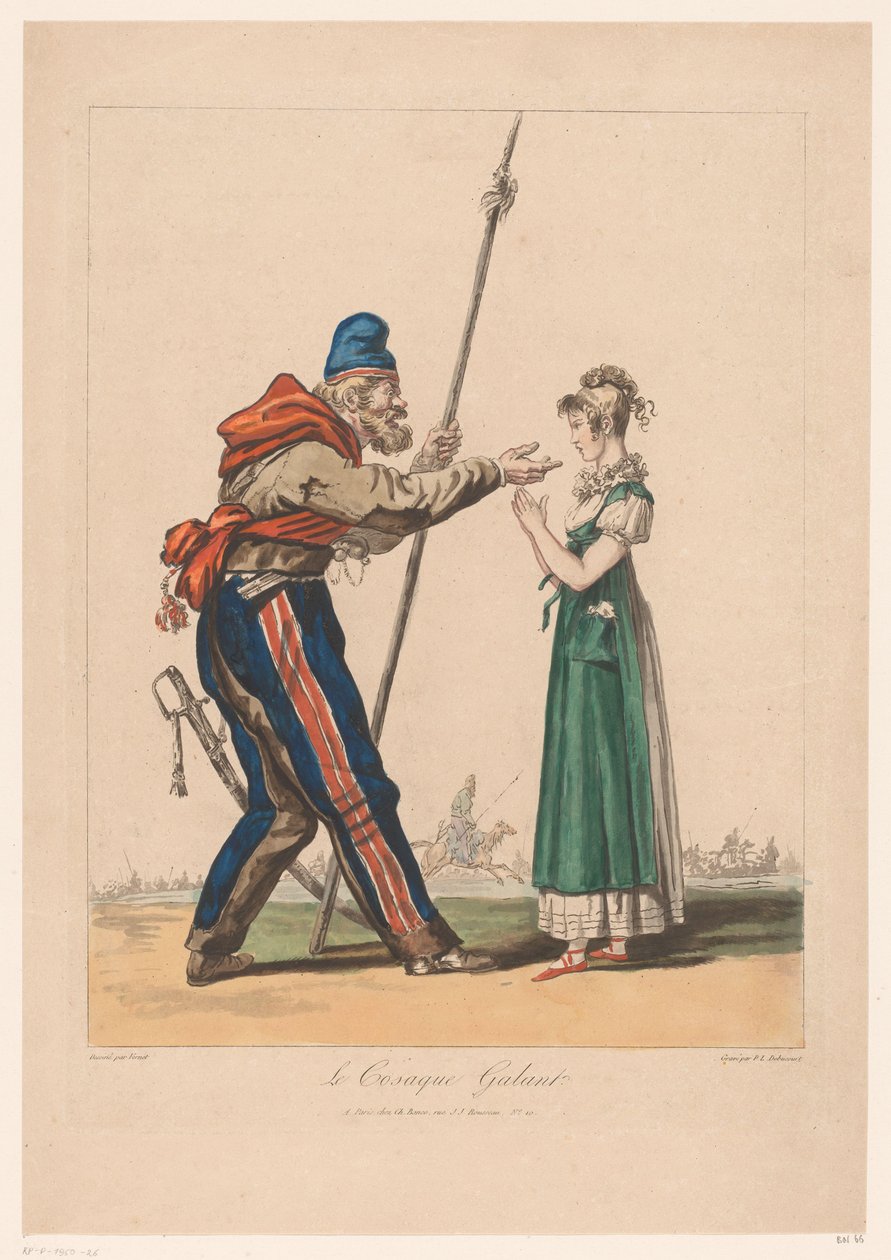 Meisje sætter Kozak Den galante kosak. (titel på objekt) Kostuumprenten van Debucourt (serietitel) Samling af kostumer hentet fra naturen (serietitel) af Philibert Louis Debucourt