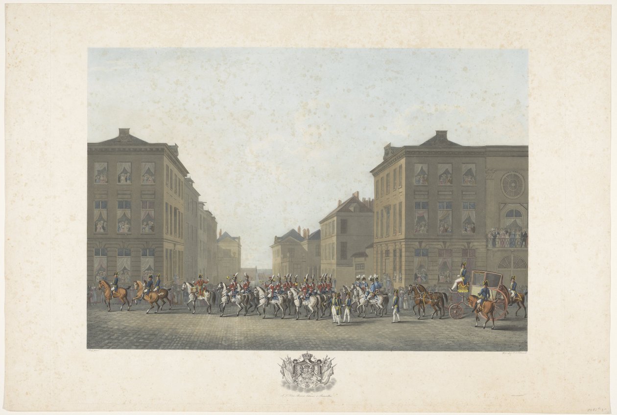 Band ved indvielsen af ​​William I i Bruxelles den 21. september 1815 Tolv plader med ankomsten og indvielsen af ​​William I i Bruxelles og kampene ved Quatre-Bras og Waterloo i 1815 (serietitel) af Philibert Louis Debucourt