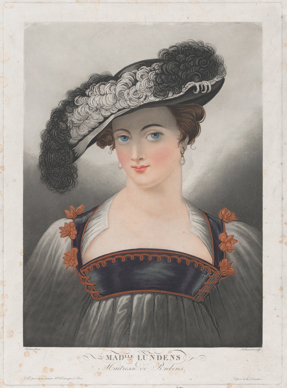 Portræt af Susanna Lunden, iført bredskygget hat med fjer, ca. 1809-35.. af Philibert Louis Debucourt