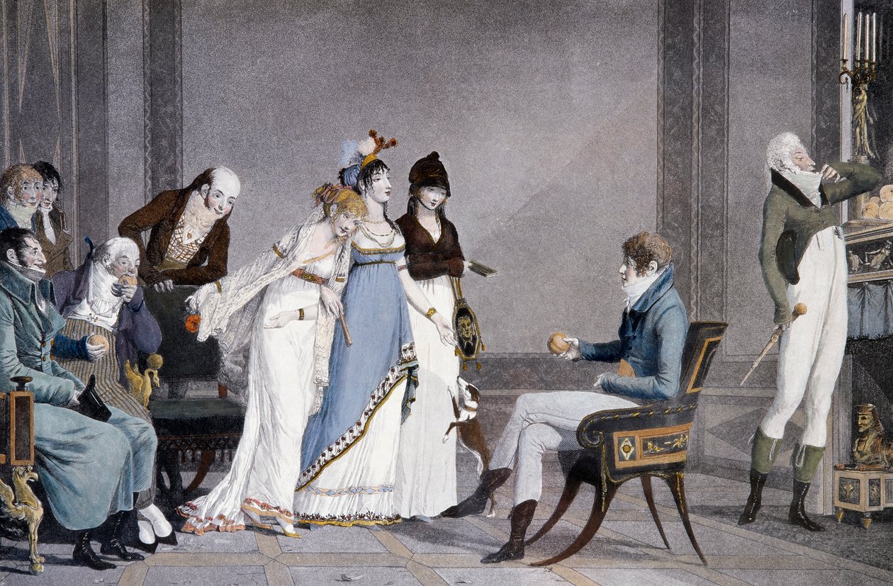 The Orange, af Louis-Philibert Debucourt (1755-1832), akvatinte, scene med etruskisk inspirerede møbler i Directoire-stil, Frankrig af Philibert Louis Debucourt