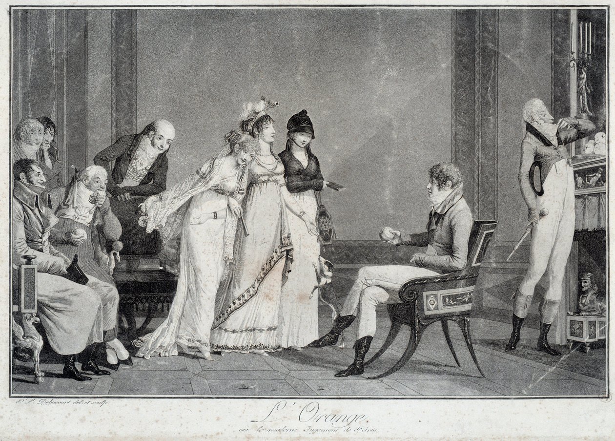 Den orange eller den moderne dom af Paris Parodi på dommen i Paris iscenesætter en ung mand i stil med Directoire (Utrolig) at vælge mellem tre Wonderful. Tryk af Philibert Louis Debucourt (1755-1832) 1800 omkring Paris, Musee Carnava af Philibert Louis Debucourt