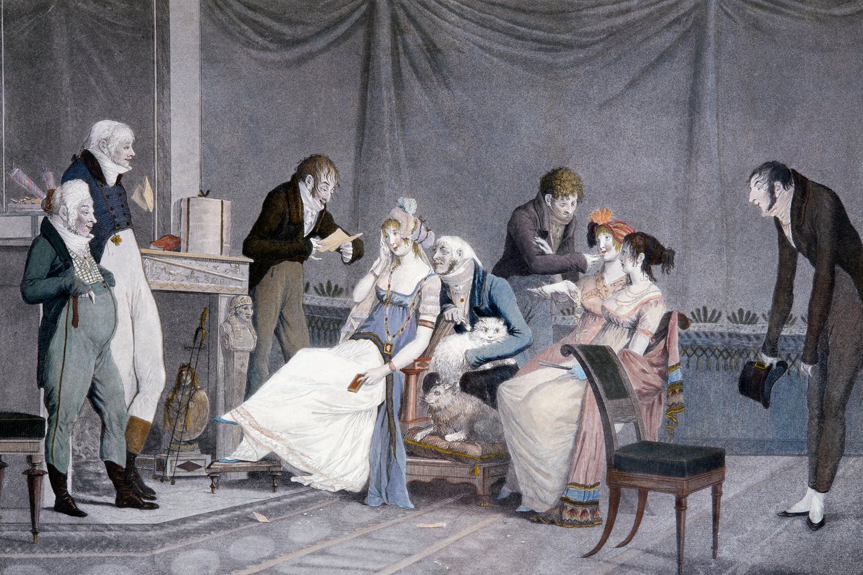 Besøgene, af Louis-Philibert Debucourt (1755-1832), akvatinte, scene med etruskisk inspirerede møbler i Directoire-stil, Frankrig af Philibert Louis Debucourt