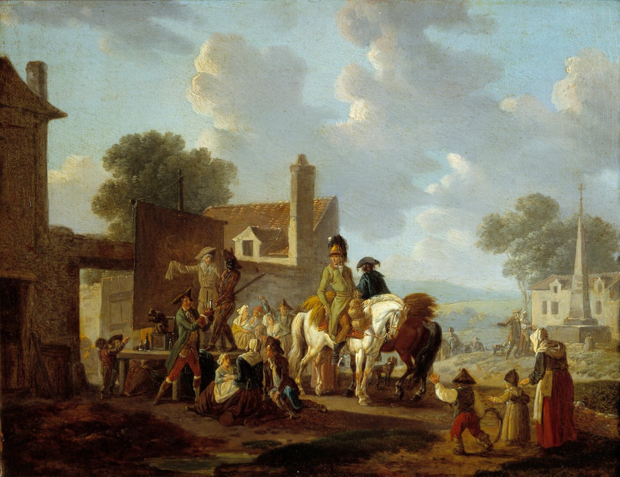 Landsbyboere og ryttere ser pantomimeteatrets show i en landsbys gader. Maleri af Louis Philibert Debucourt (1755-1832) 1700-tallet søn. 0,24x0,31 m af Philibert Louis Debucourt