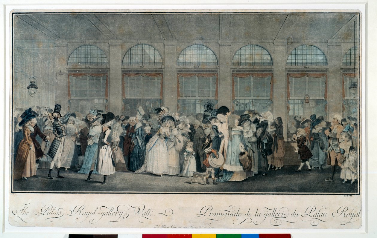 Gå gennem galleriet i det kongelige palads i 1787. Gravering af Louis Philibert Debucourt (1755 - 1832) af Philibert Louis Debucourt