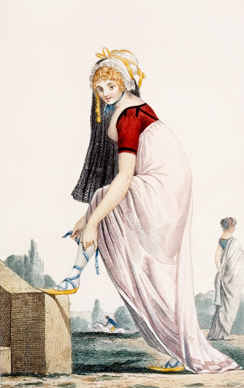 Ung dame i sommeroutfit i græsk stil, 1700, illustration fra 