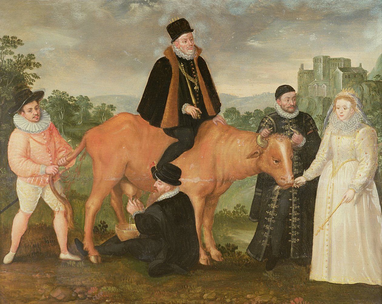Portræt af Philip II (monteret på en ko), hertugen af Alencon, hertugen af Alba, William af Orange og dronning Elizabeth I af Philip Moro