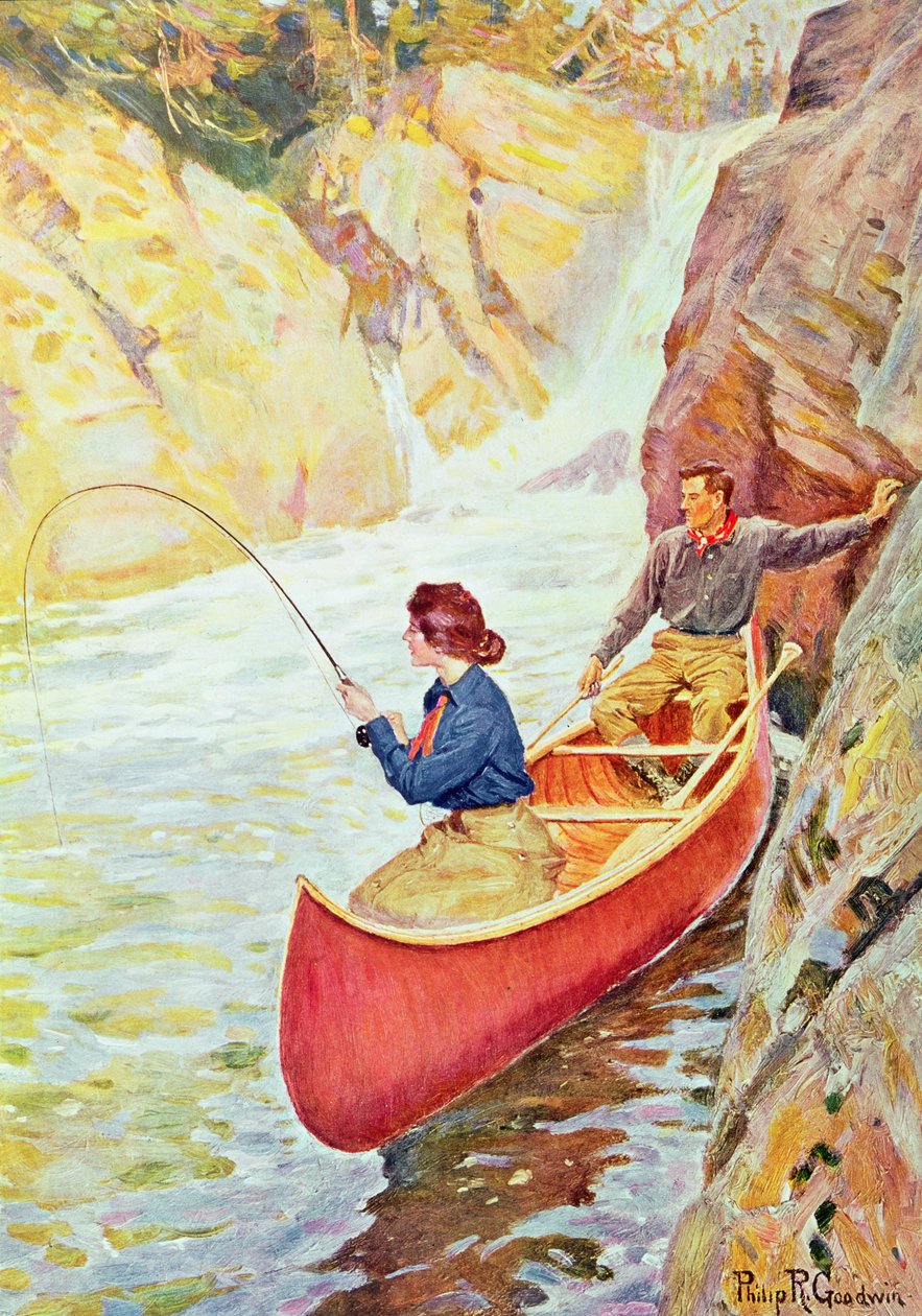 Parfiskeri nær et vandfald af Philip Russell Goodwin