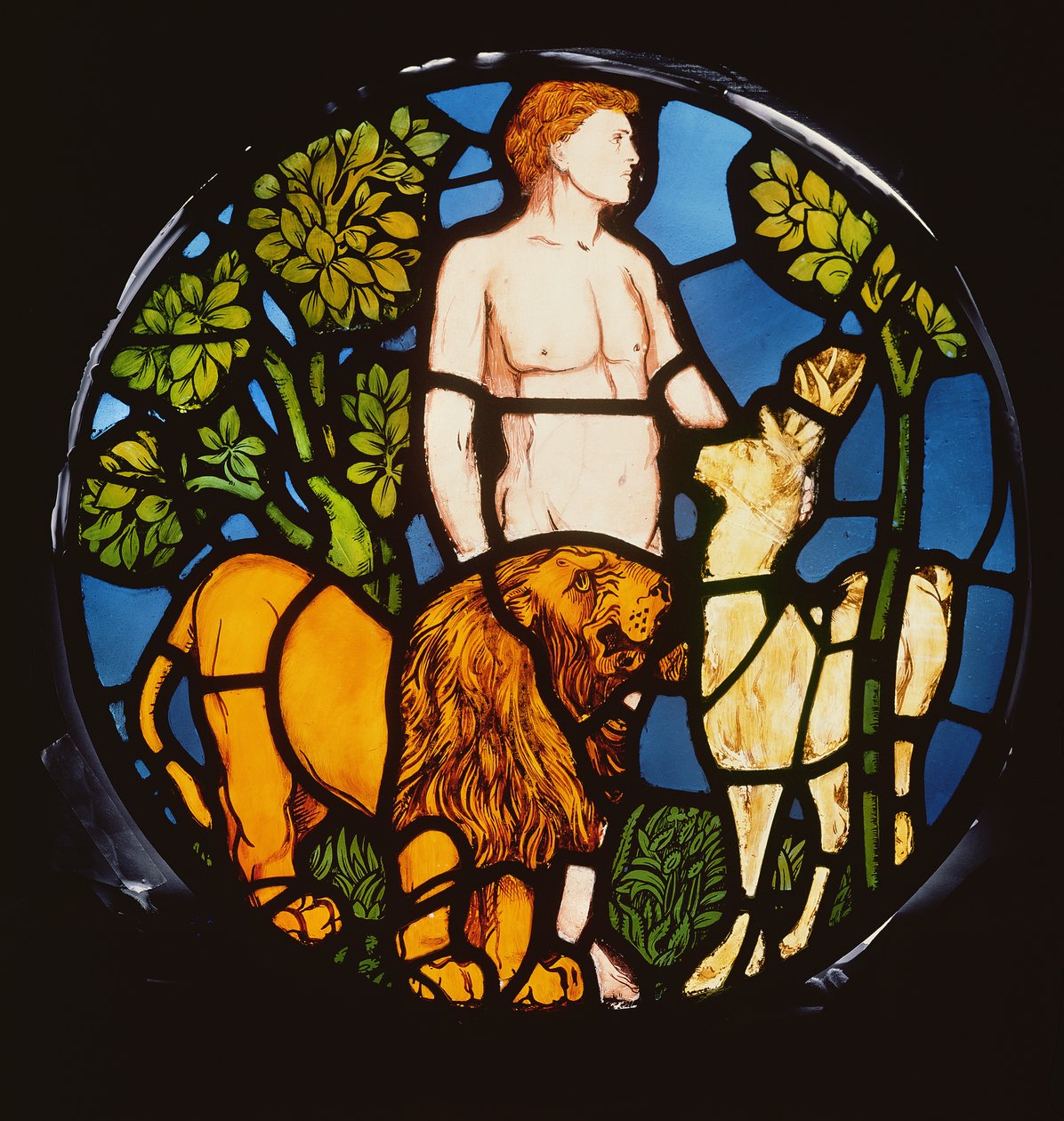 Adam Naming the Beasts, detalje fra skabelsesvinduet, 1861 farvede glasdetalje af 120153 af Philip Webb