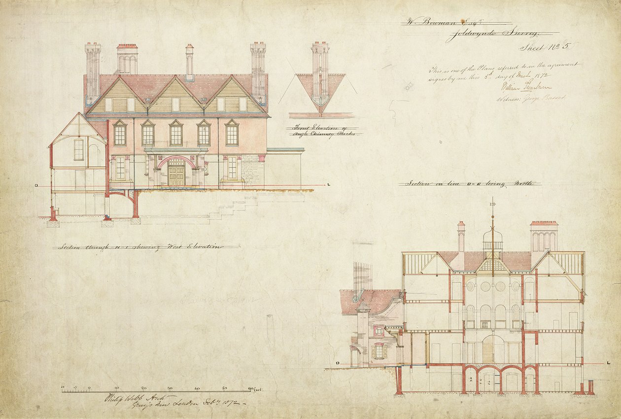 Design for Joldwyns, Surrey, 1872 (pen og blæk og wc på papir) af Philip Webb