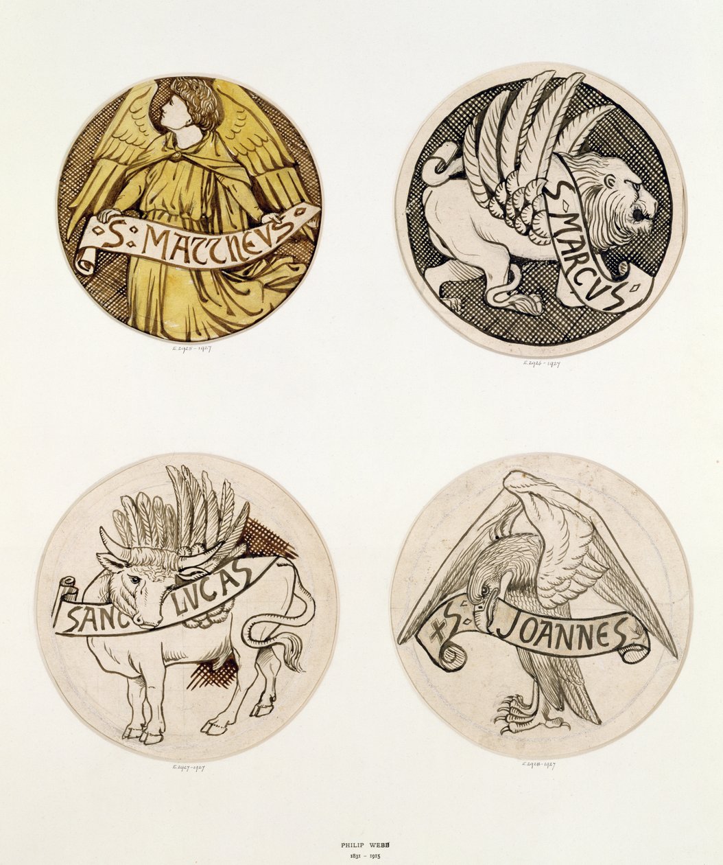Evangelisternes symboler, tegninger til glasmalerier (blæk på papir) af Philip Webb