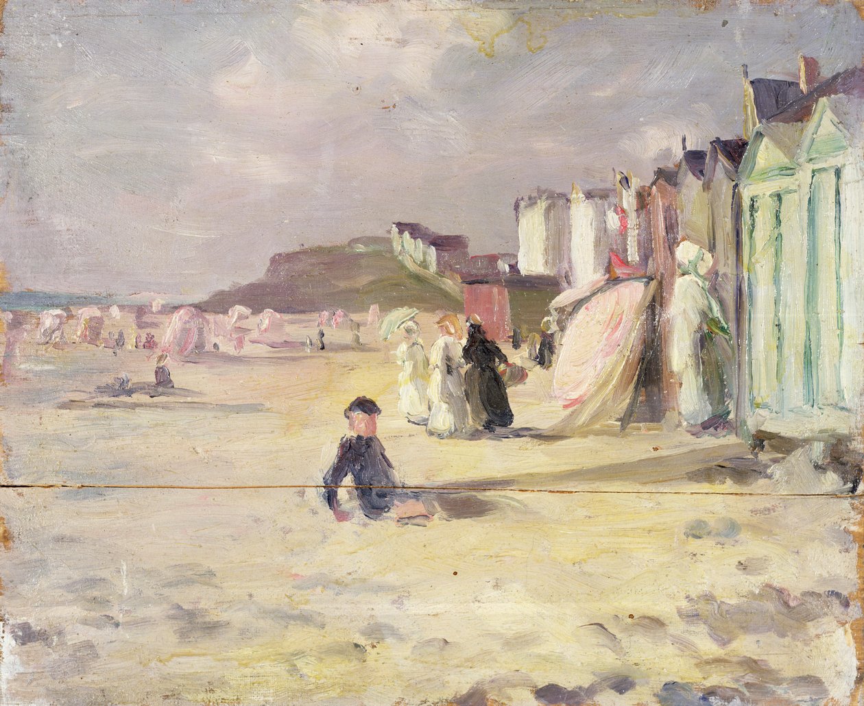 Figurer, der går ved siden af en række strandhytter (panel) af Philip Wilson Steer