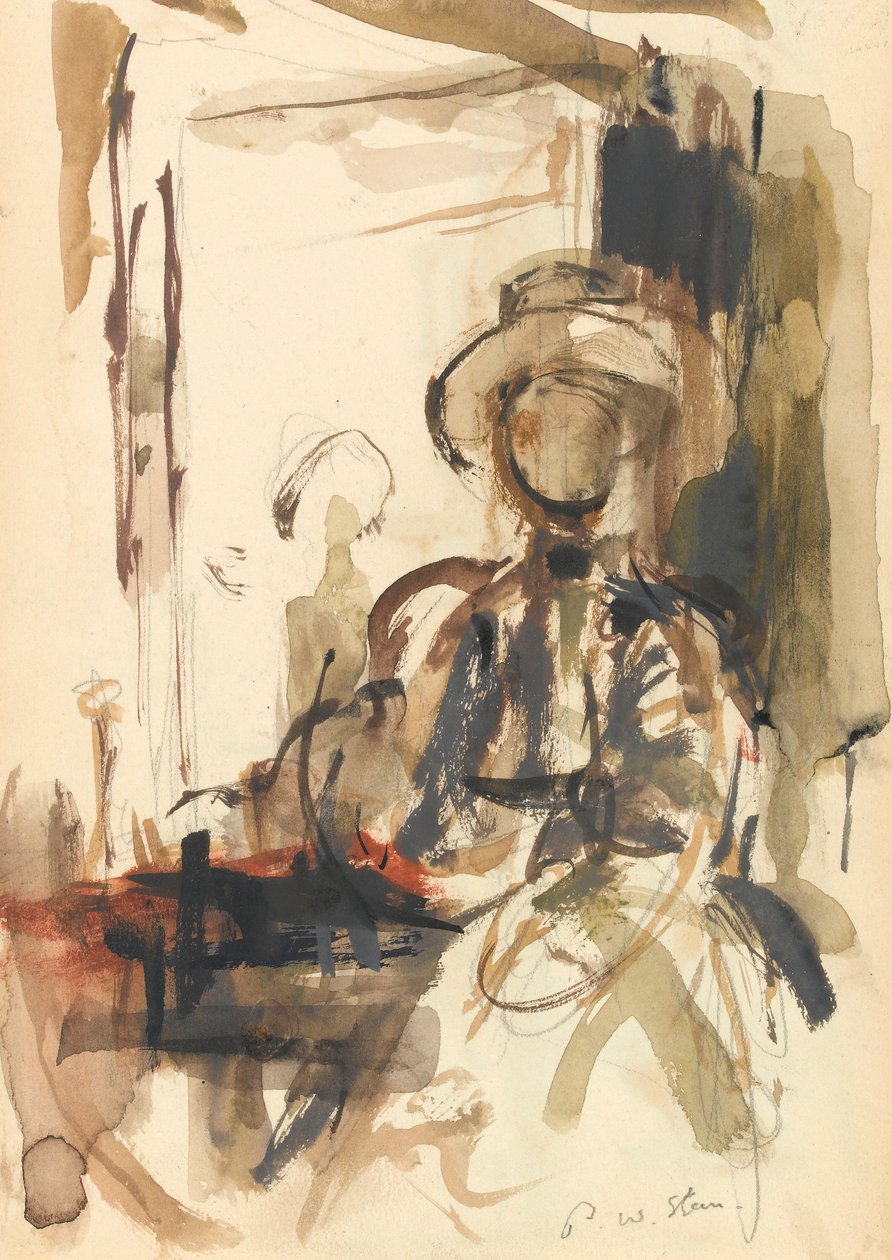 Siddende figur: kvinde siddende, iført hat (grafit og wc på papir) af Philip Wilson Steer