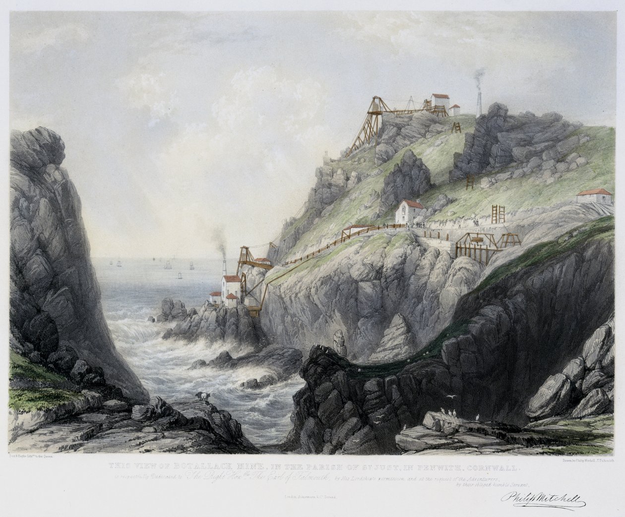 The View of Botallack Mine, i Parish of St. Just in Penwith, Cornwall, indgraveret af Thomas Picken (d.1870) 1840 (håndfarvet litho) af Philip after Mitchell