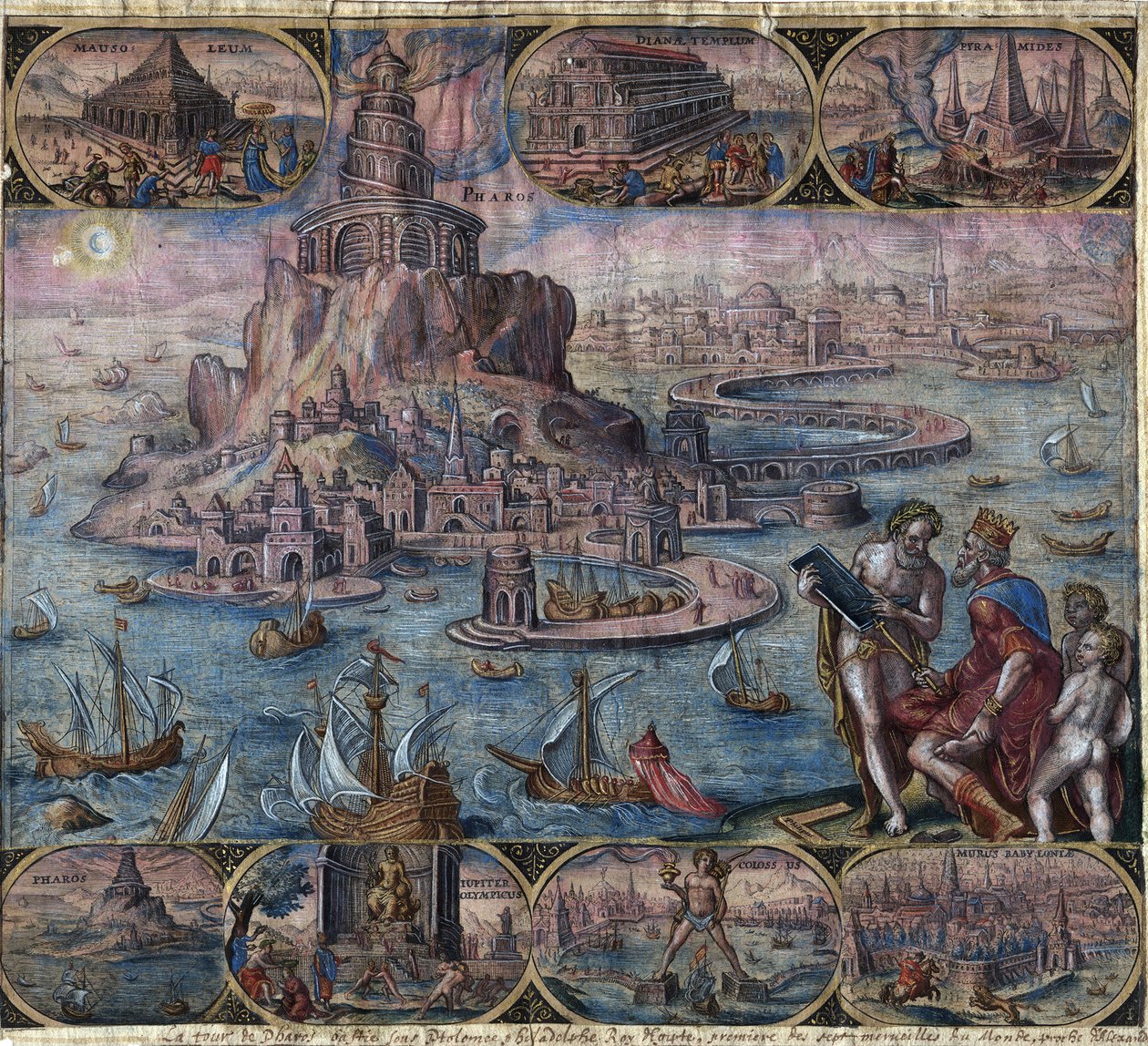 Repræsentation af antikkens syv vidundere: fyrtårnet i Alexandria (på øen Pharos) i Alexandria, Egypten - Fyrtårnet i Alexandria (fra serien ""Verdens ottende vidundere") Efter Maarten van Heemskerck - Galle, Filip (1537-16 af Philip (after) Galle