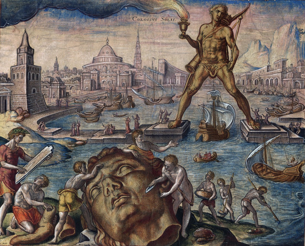 Sept merveilles du monde : ""Le colosse de Rhodes"" (Colosso di Rodi) - The Colossus of Rhodes (fra serien ""Verdens ottende vidundere") Efter Maarten van Heemskerck - Galle, Philipp (1537-1612) ) - 1572 - Radering, akvarel - Bibliotheque muni af Philip (after) Galle