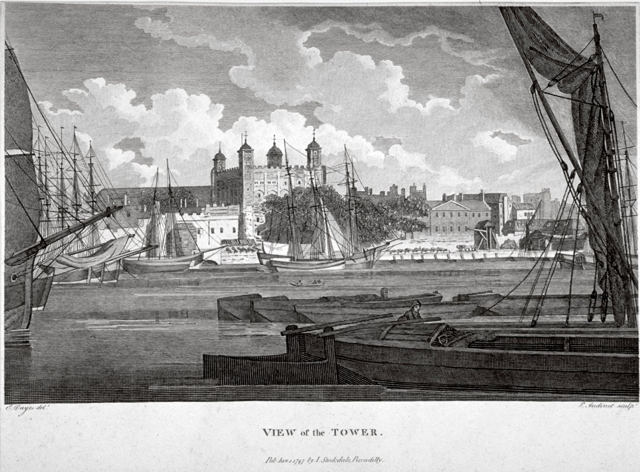 Udsigt over Tower of London med både på Themsen, c1790 af Philip Audinet