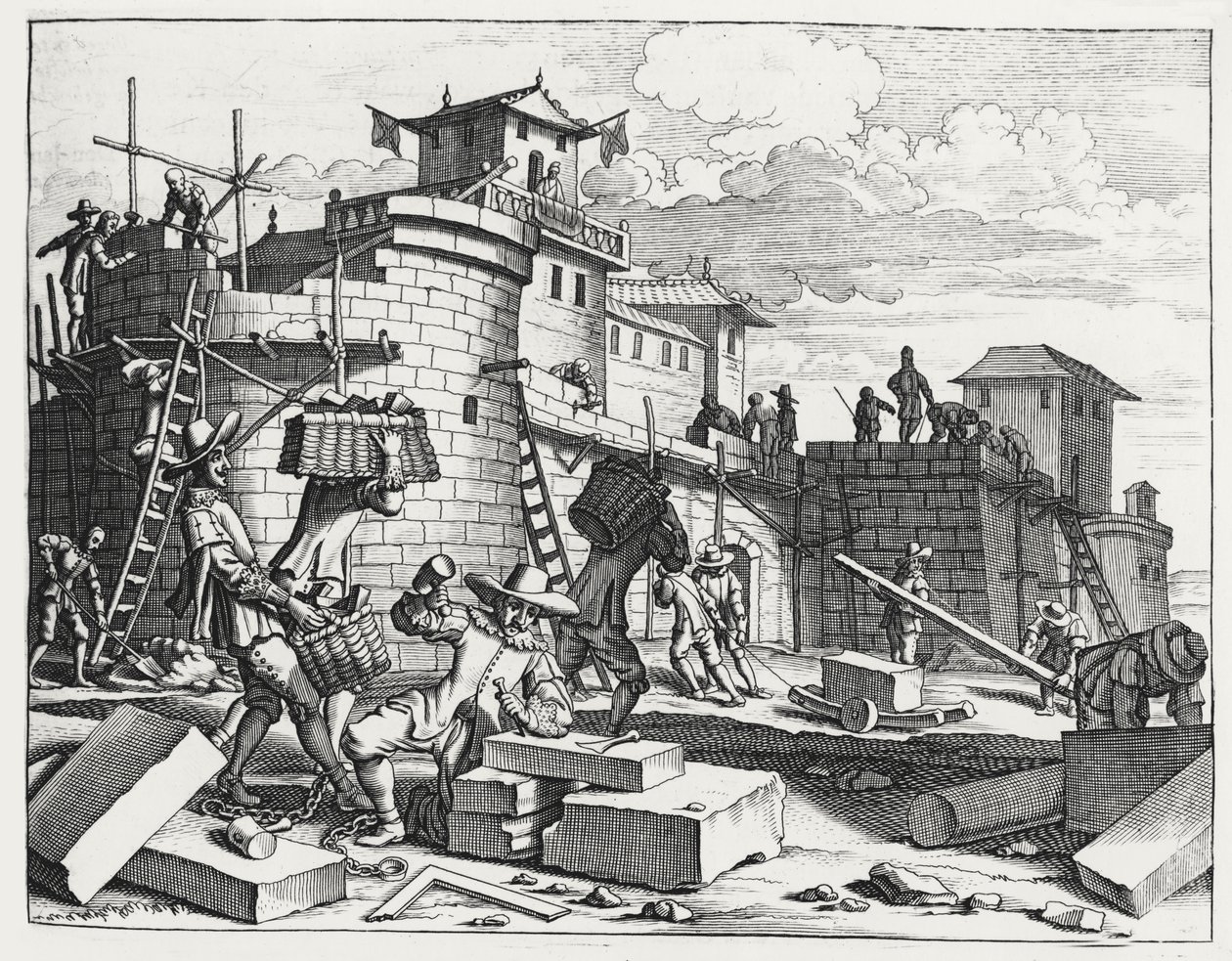 Portugisiske krigsfanger bygger et fort nær Kandy (gravering) af Philip Baldaeus