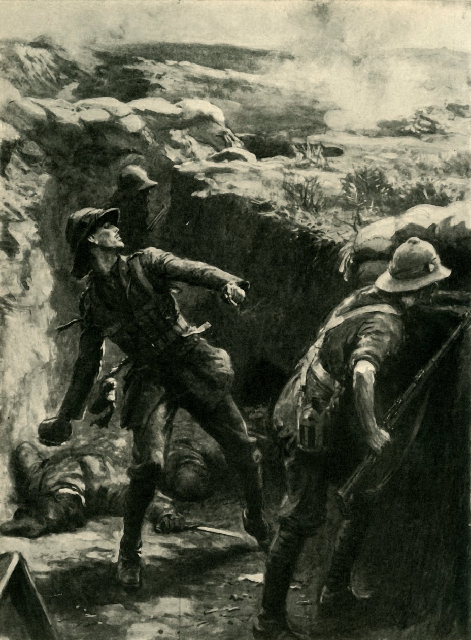 Løjtnant Forshaw kaster bomber uafbrudt, Gallipoli, Første Verdenskrig, 1915, c1920. af Philip Dadd