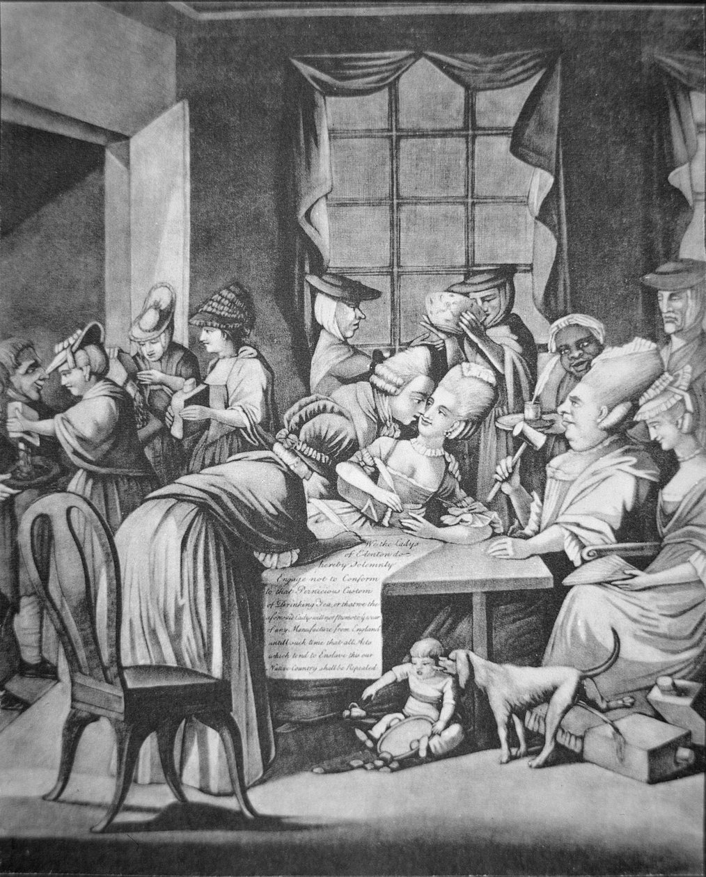 Patriotiske damer fra Edenton, South Carolina, underskriver et løfte om "ikke at drikke mere te eller bære mere britisk tøj" (litho) af Philip Dawe