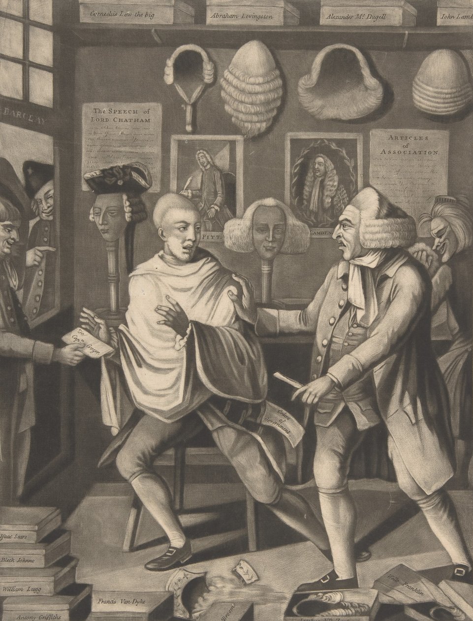 The Patriotick Barber of New York, eller Captain in the Suds, 14. februar 1775. af Philip Dawe.