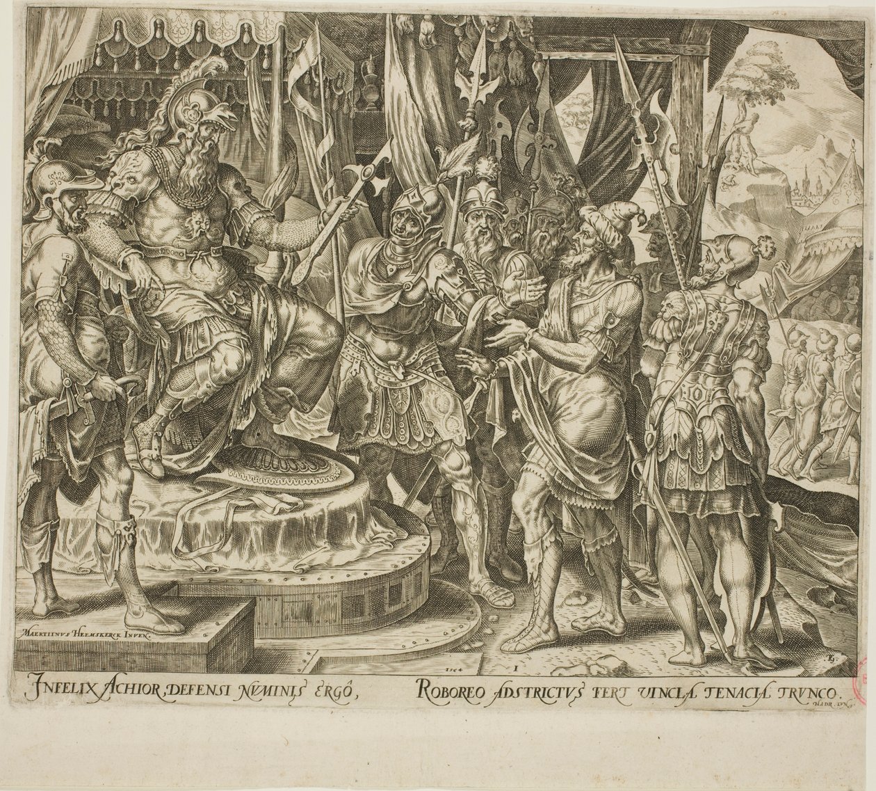 Achior bønfalder Holofernes for israelitterne, plade en fra Historien om Judith og Holofernes af Philip Galle