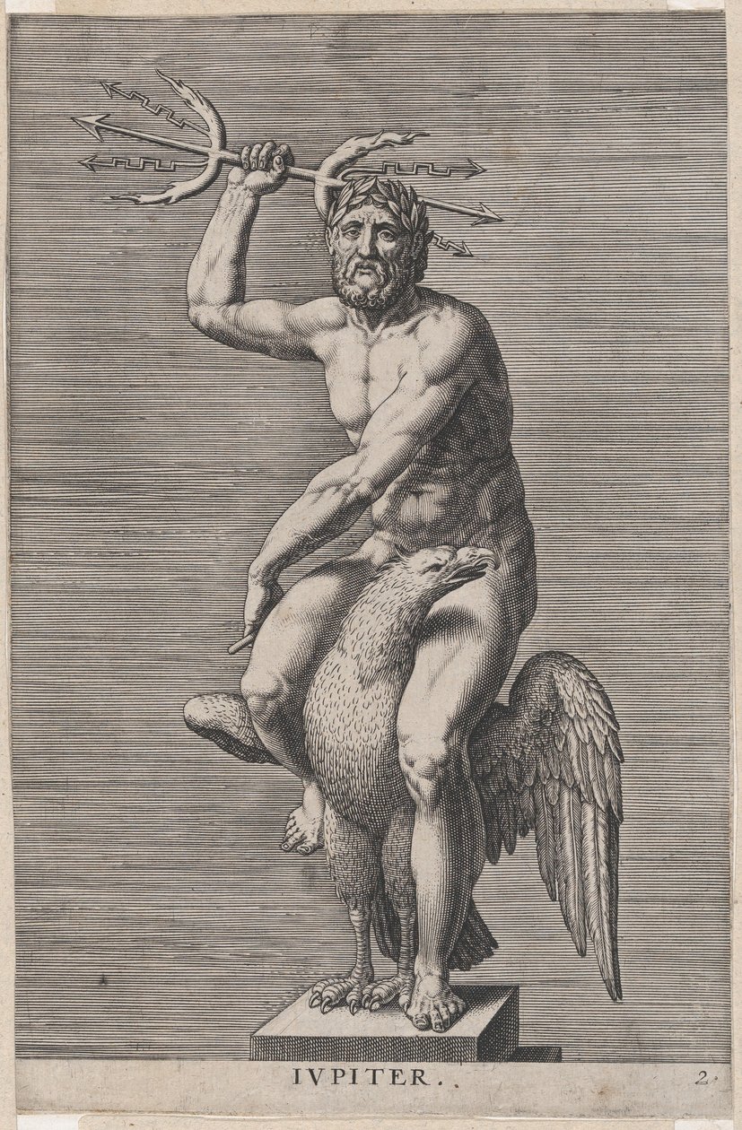 Plade 2: Jupiter, statue af den nøgne gud siddende på en ørn, der holder en dobbelt trefork, fra..., 1586. af Philip Galle