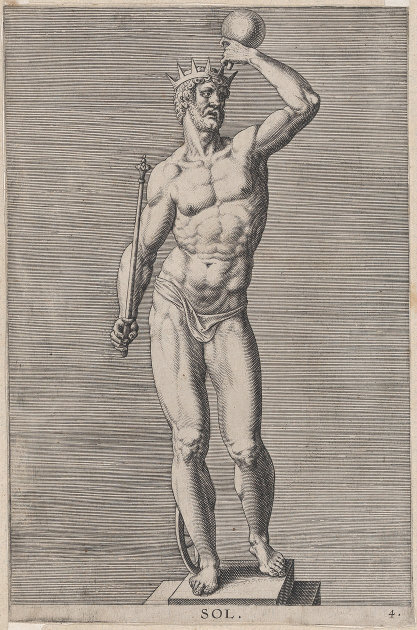 Plade 4: Apollo, statue af den nøgne gud, der står på en sokle, iført en krone og holder en..., 1586. af Philip Galle