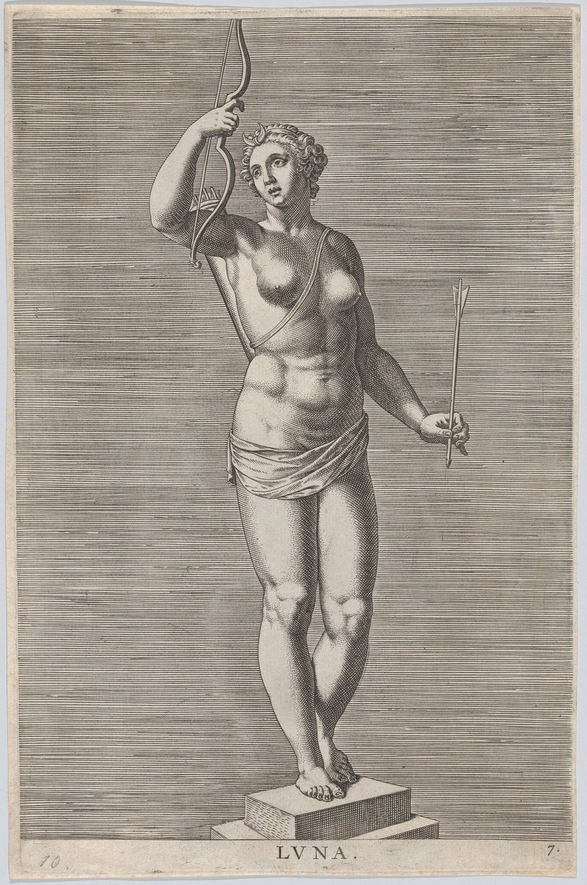 Plade 7: Diana, statue af den nøgne gudinde stående på en sokkel, iført en halvmåne i..., 1586. af Philip Galle