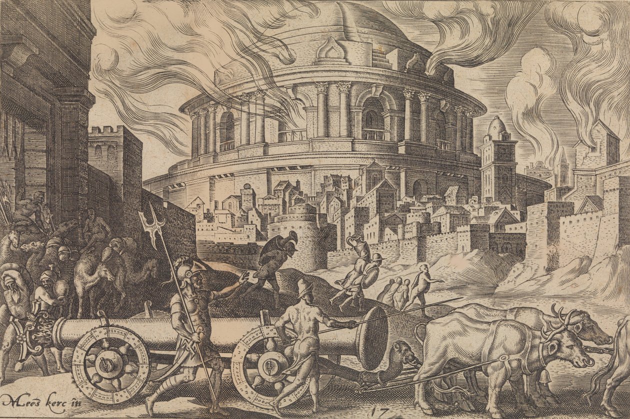 Kaldæerne, der bærer søjlerne i Jerusalems tempel bort, fra The Disasters of ..., 1569. af Philip Galle