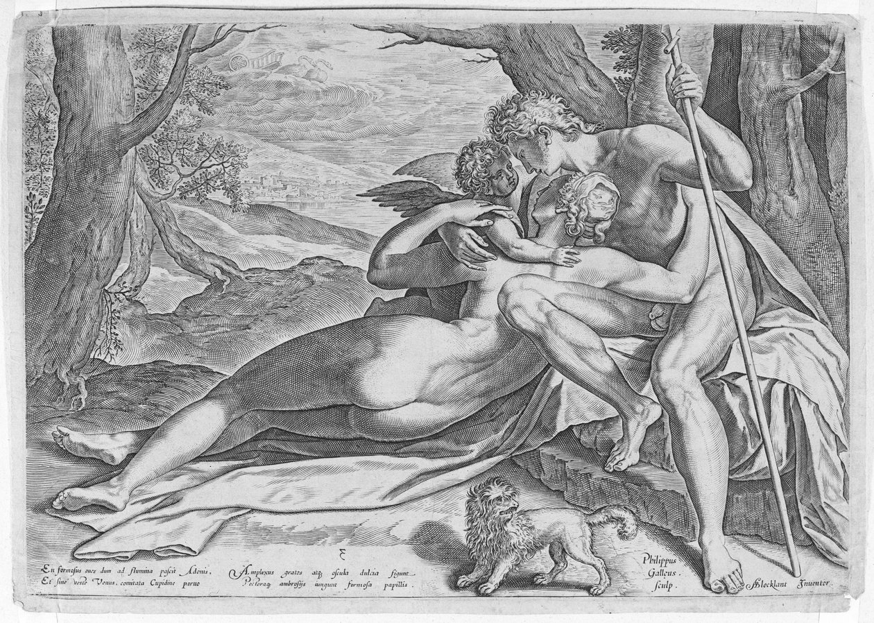 Venus og Adonis, fra serien The Story of Adonis, ca. 1579., ca. 1579. af Philip Galle