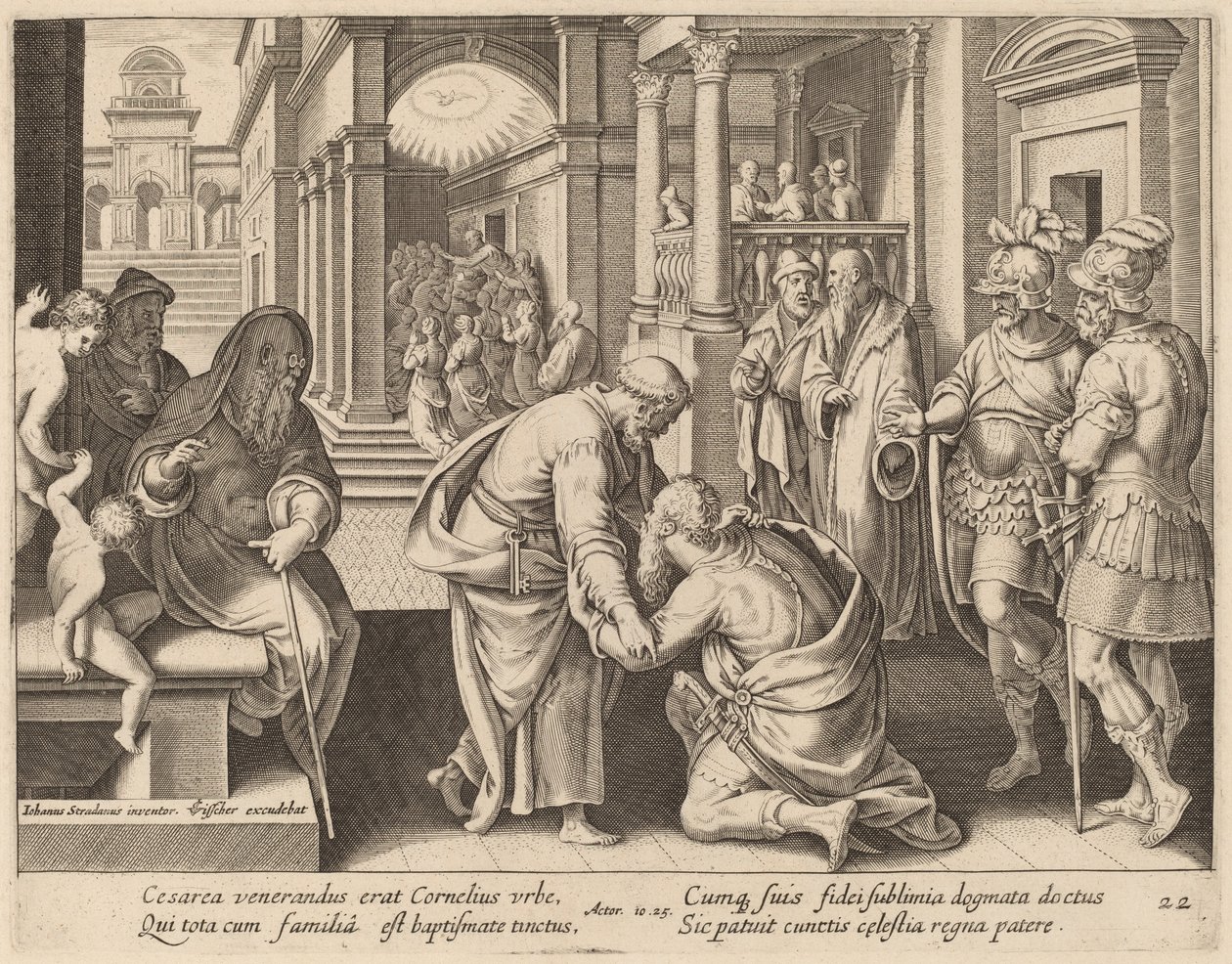 Cornelius tilbeder Sankt Peter af Philip Galle after Jan van der Straet