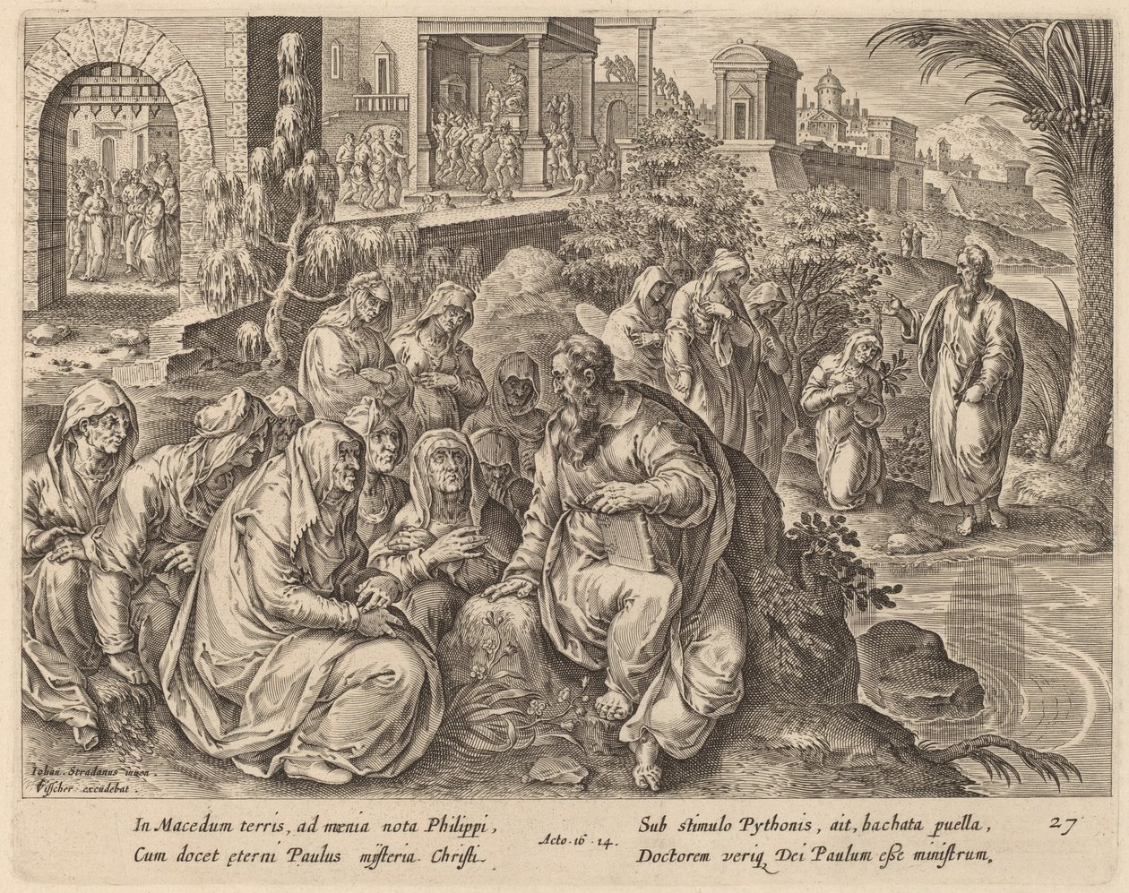 Sankt Paul taler til kvinderne i Filippi ved en flod af Philip Galle after Jan van der Straet