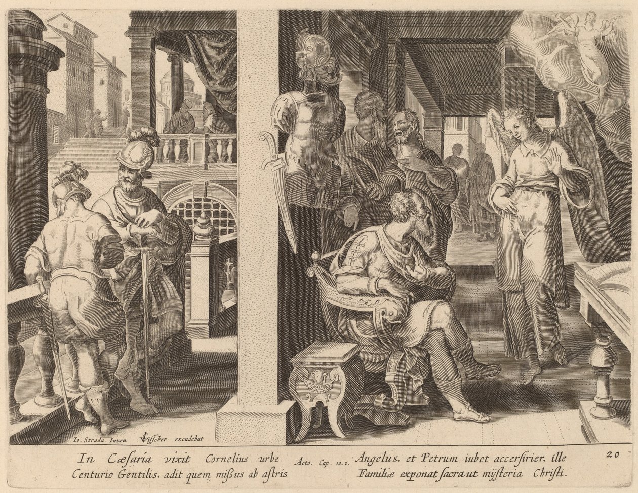 Englen befaler Cornelius at hente Sankt Peter af Philip Galle after Jan van der Straet