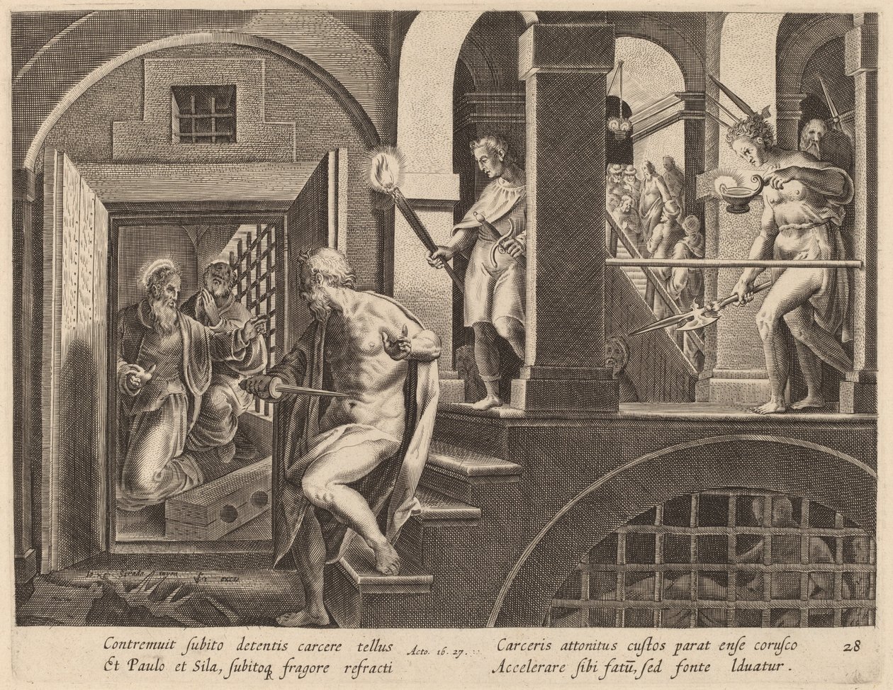 Fangevogteren ved at dræbe sig selv, omvendt af Saint Paul af Philip Galle after Jan van der Straet